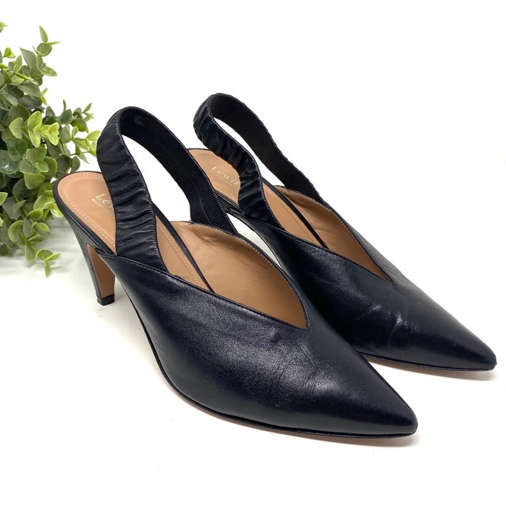 Lewit Black Soft Leather Tan Pointed Toe Sling Back Heels